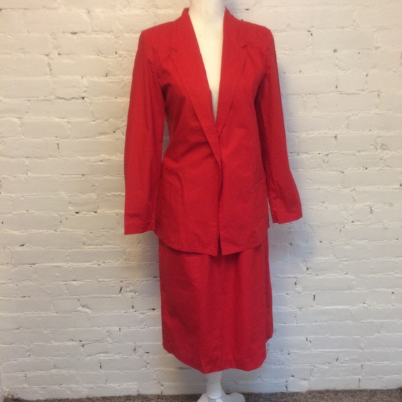 Vintage 80s Juno skirt suit red cotton size 11 - Picture 1 of 9